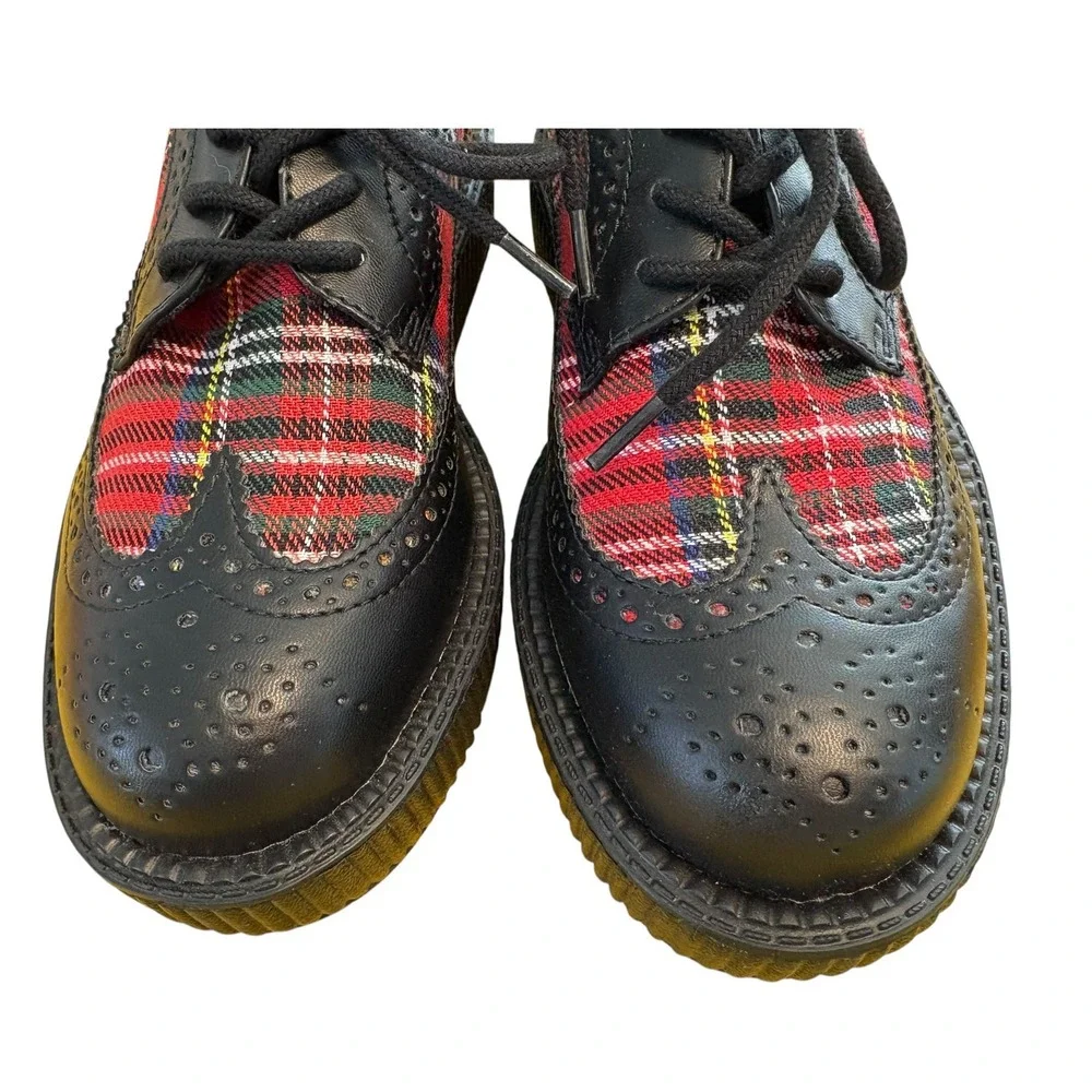 T.U.K. Red Plaid Wingtip Creeper Shoes Black Platform Brogue Womens 6 Mens 4